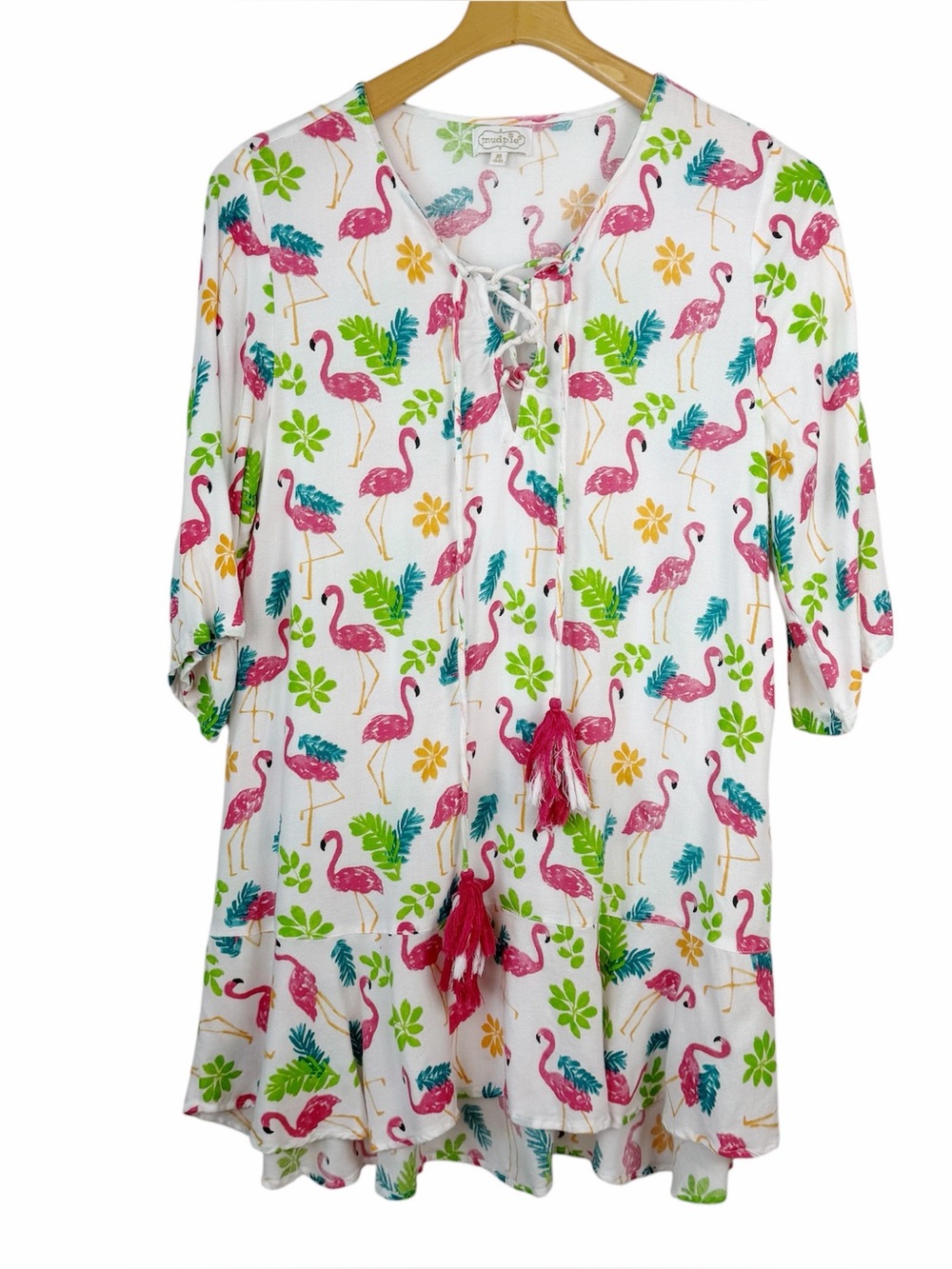 Mud Pie Flamingo Tenley Tassel Cover-Up Tunic Top Size Medium
